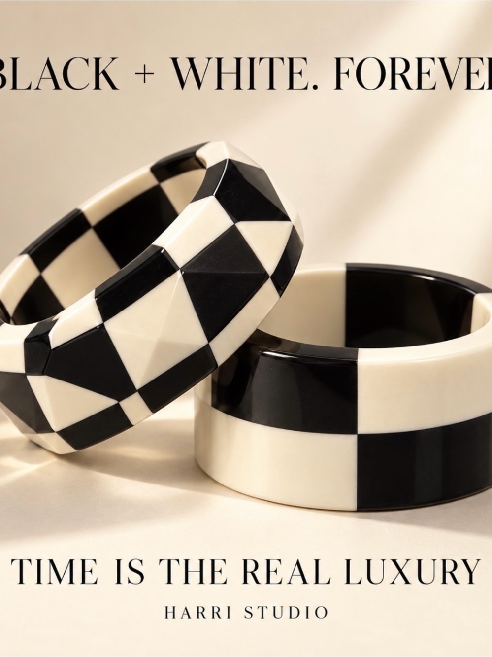 Vintage 60/70s Black & White Checker Resin Bangle Set EPIC